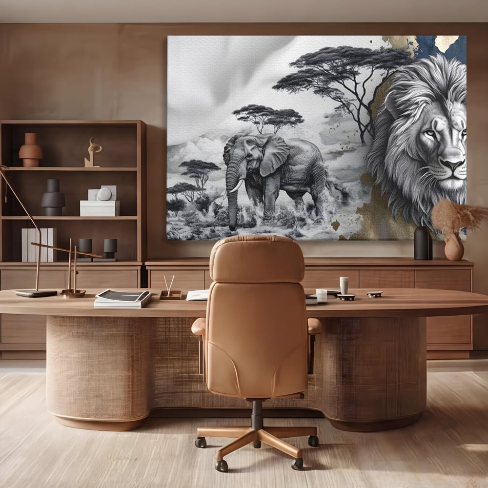 Tablou canvas cu tablou canvas cu leu si elefant, fara rama, pe sasiu de lemn, pe perete intr-un birou